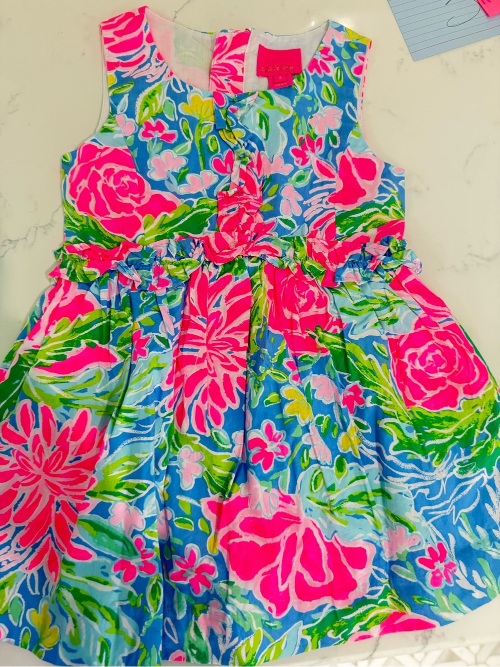 Lilly Pulitzer Girls' Blue Dress with Pink & Green Floral Print size 3